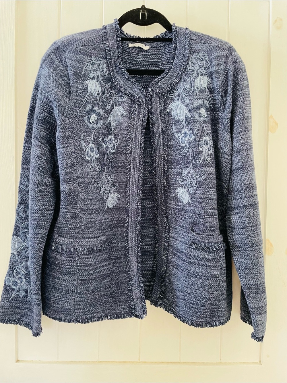 Chico's Blue Knit Cardigan Sweater Embroidered Fringe Pockets Round Neck L/XL